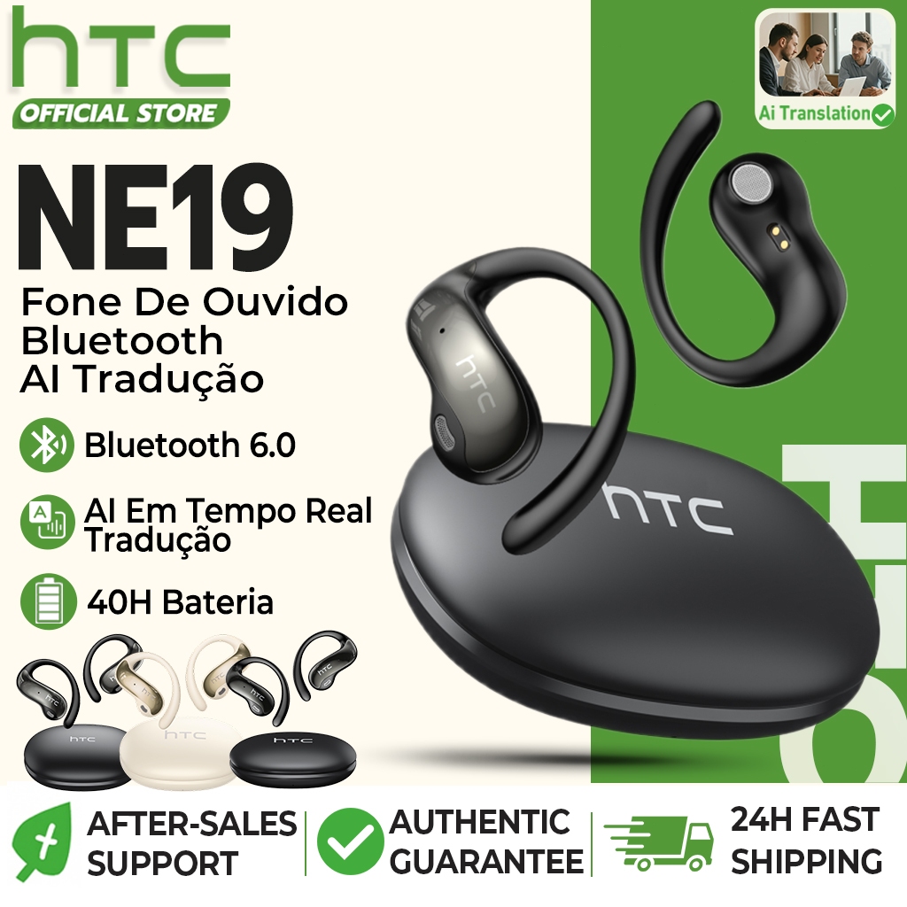 HTC NE19 Fone De Ouvido Bluetooth Gancho De Orelha AI Sem Fio Tradução Em Tempo Real Controle Por Toque Microfone