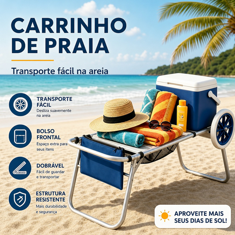 Carrinho de Praia Vira Mesa Com Avanço, Azul Compatível com Caixa Térmica Mor SP