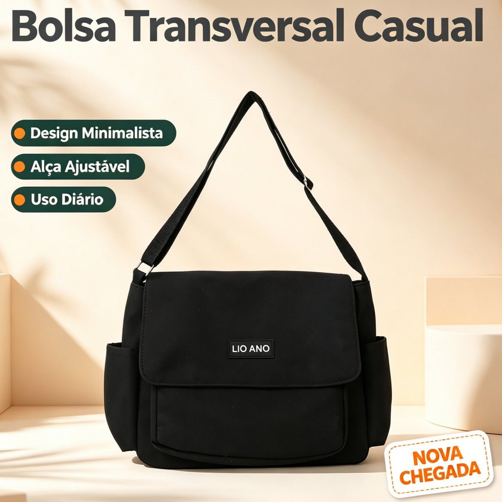Bolsa Transversal Feminino de Lona Preta | Bolsas Femininas de Ombro | Bolsa Feminina Elegante | de Praia