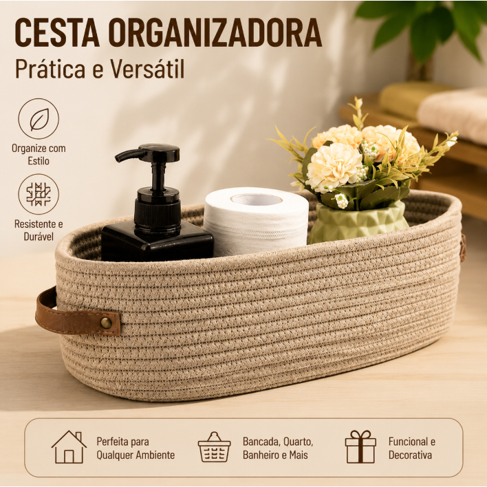 Cesto Organizador Corda de Algodão de Armazenamento e Organização Detalhe em Couro 33cmx10cm