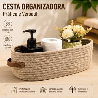 Cesto Organizador Corda de Algodão de Armazenamento e Organização Detalhe em Couro 33cmx10cm