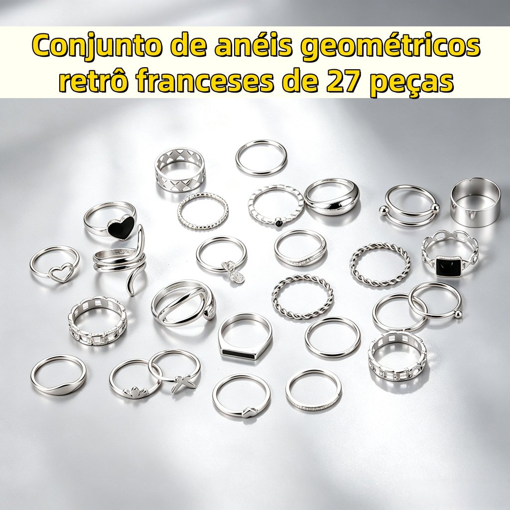 Conjunto de 27 anéis de Dedo Femininos Ajustáveis e Fixos，com designs vazados, de cobra, de borboleta e de coração