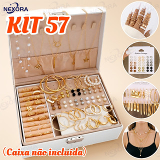 Kit 57 de Joias Femininas 57 Peças Colares Brincos e Anéis Dourados A Prova d'Água Presentes Surpresas