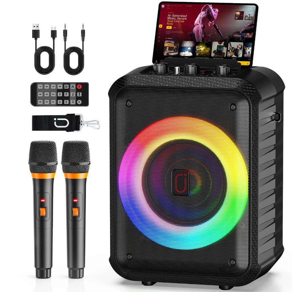 Máquina Portátil De Karaokê JYX T13 Bluetooth 5.3 Com 2 Microfones Sem Fio , Alto-Falante RGB , Bateria De 5000mAh , USB