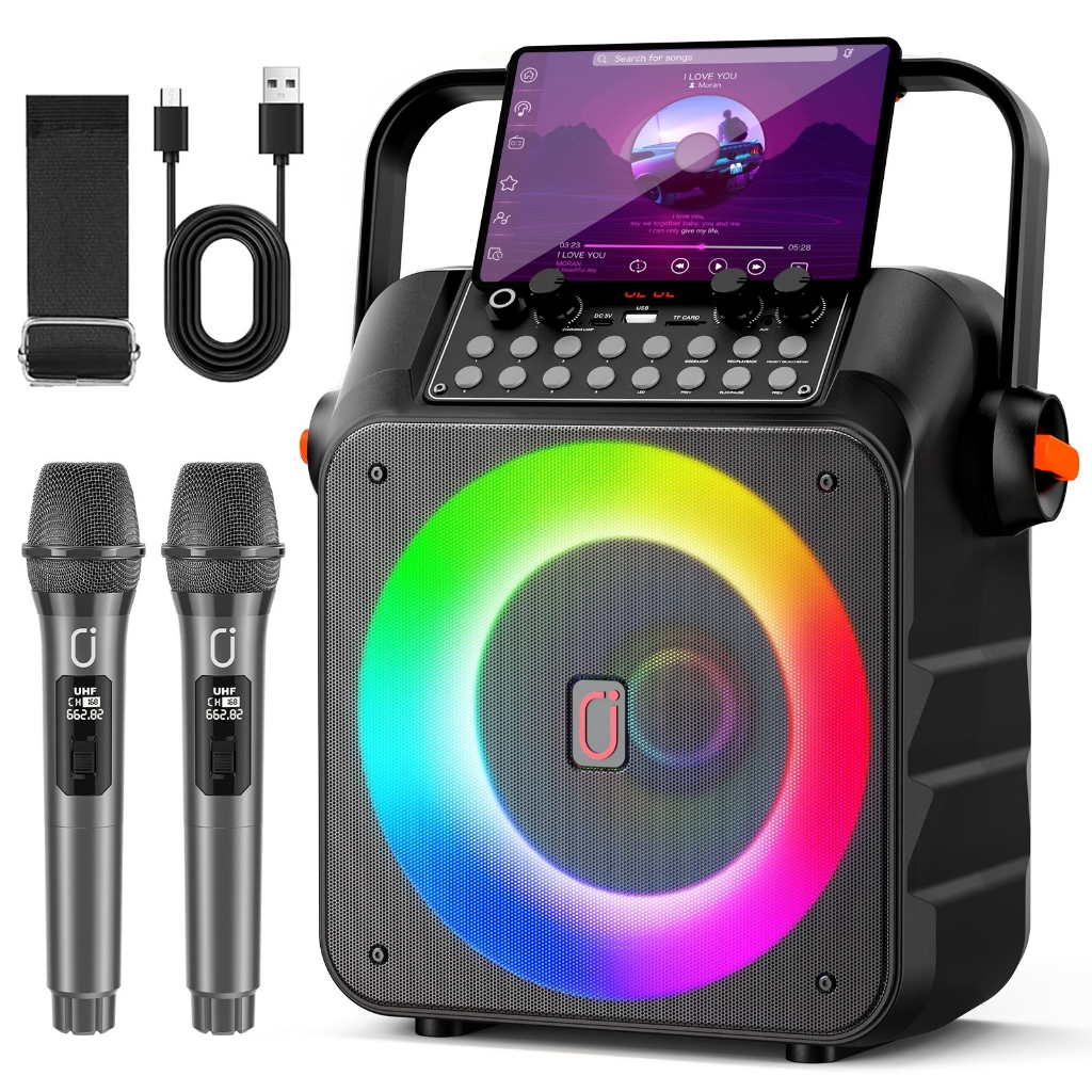 Máquina De Karaokê Portátil Bluetooth 5.0 JYX T21-T Com 2 Microfones Sem Fio , Alto-Falante RGB , USB , TF , Entrada AUX