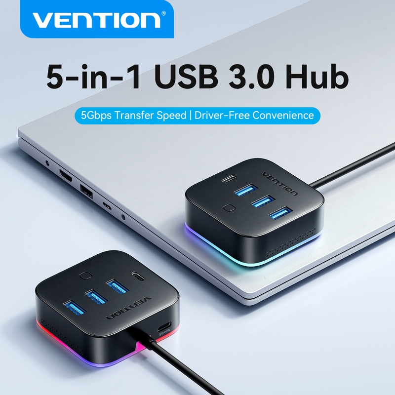 Vention Hub USB 3.0 5 Em 1 Iluminação De 5 Gbps LED 3 Modos Para Notebook Xbox