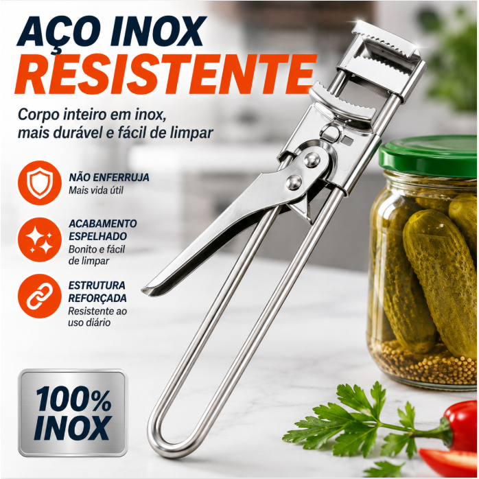 Abridor de Potes de Vidro e Conserva Aço Inox Manual Abre Fácil 1 Unidade