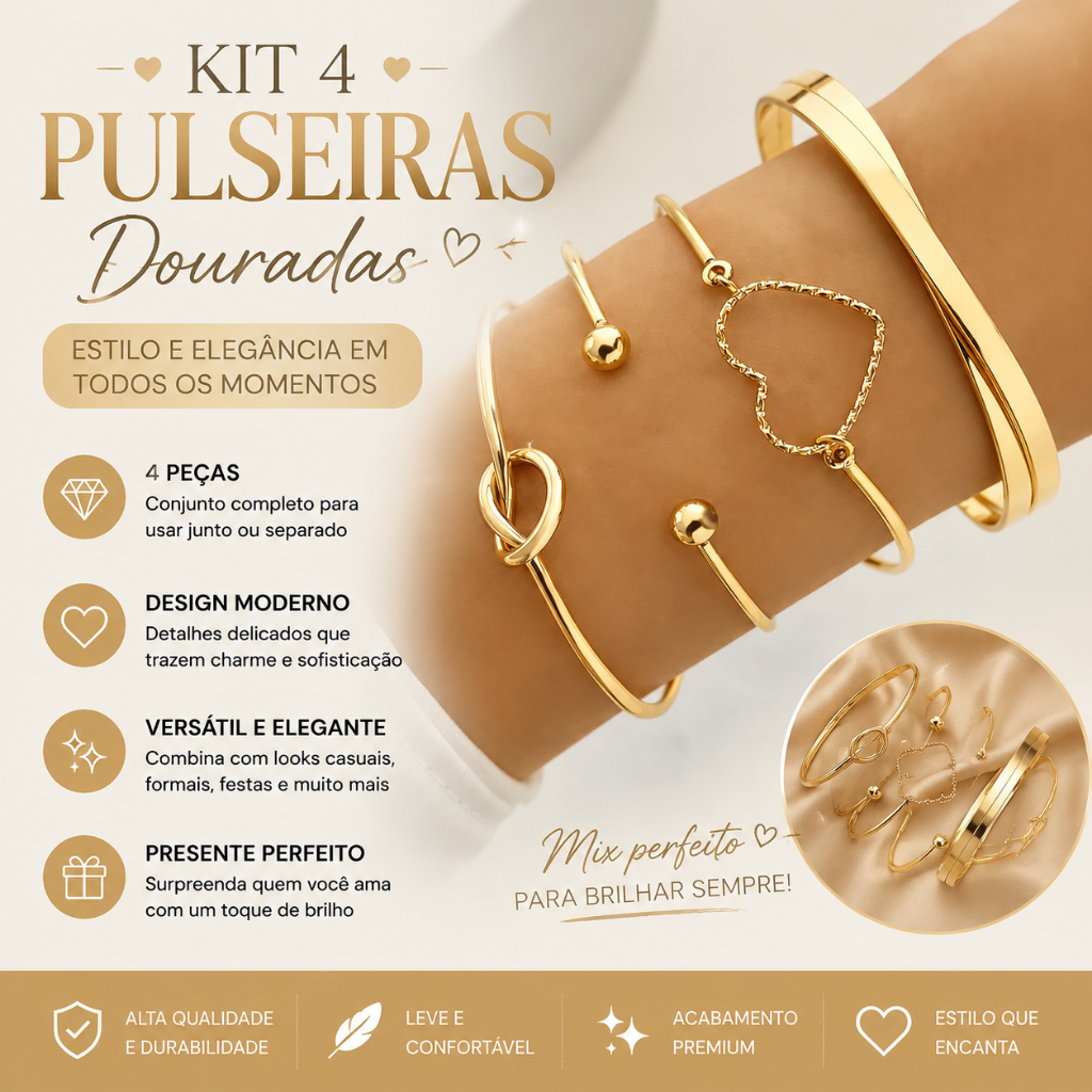 Kit 4 Pulseiras Femininas Douradas Bracelete Aberto Mix Moda Presente