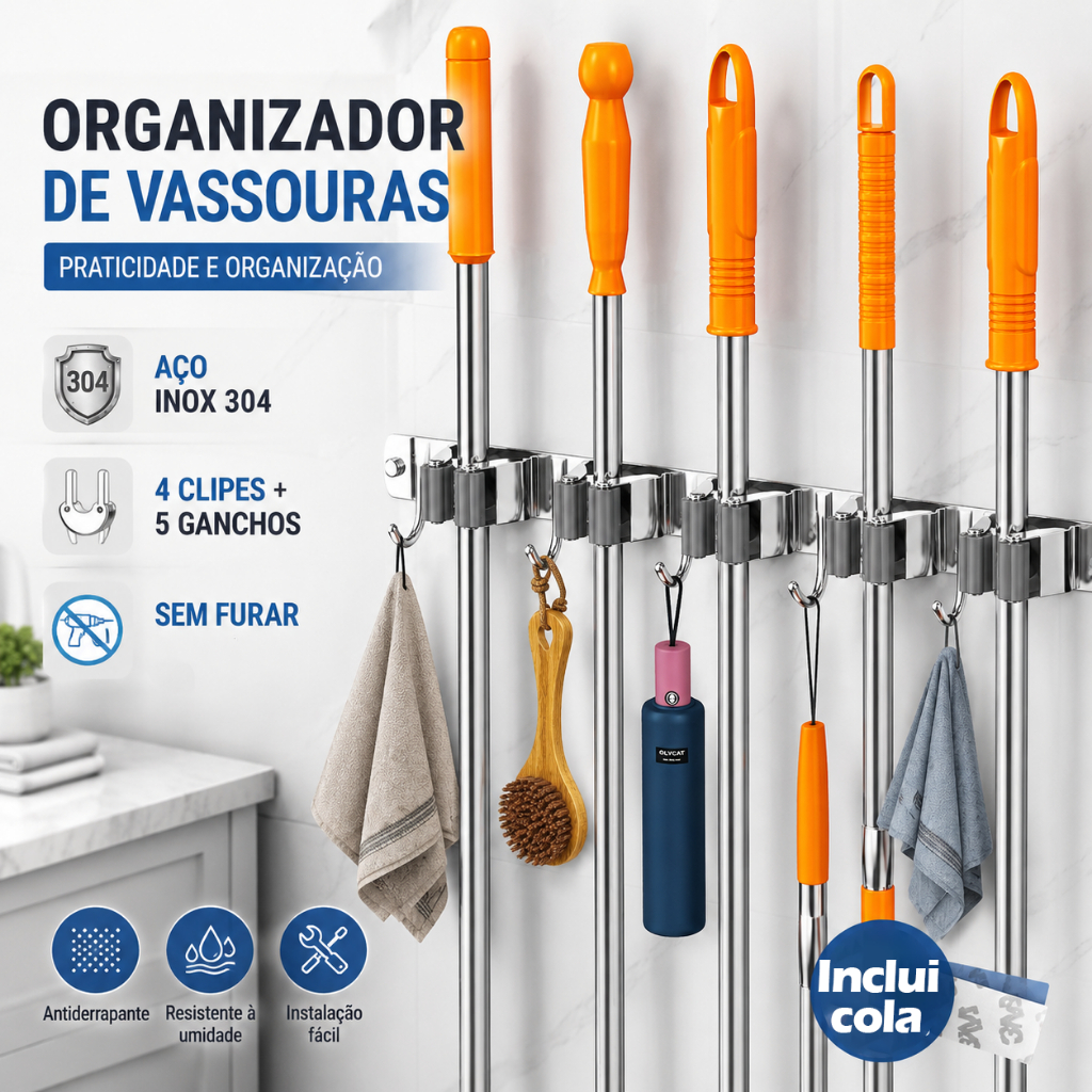 Suporte de Parede em Inox para Vassouras e Mops –  5 Ganchos