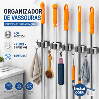 Suporte de Parede em Inox para Vassouras e Mops –  5 Ganchos