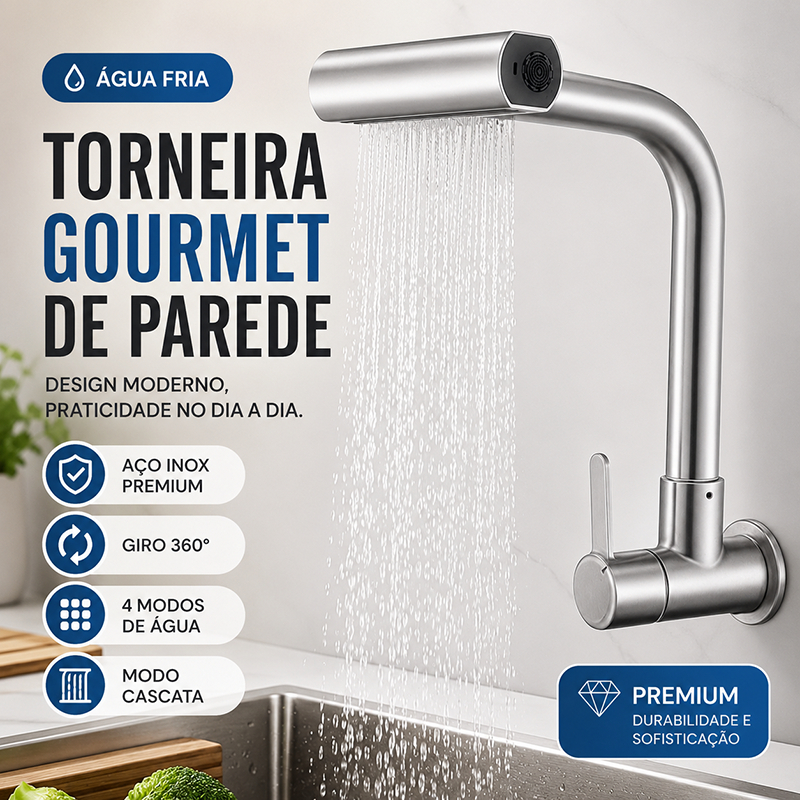 Torneira De Cozinha Parede 360° Gourmet Com 4 Funções Modos De Jato Cascata Inox Luxo Água Fria