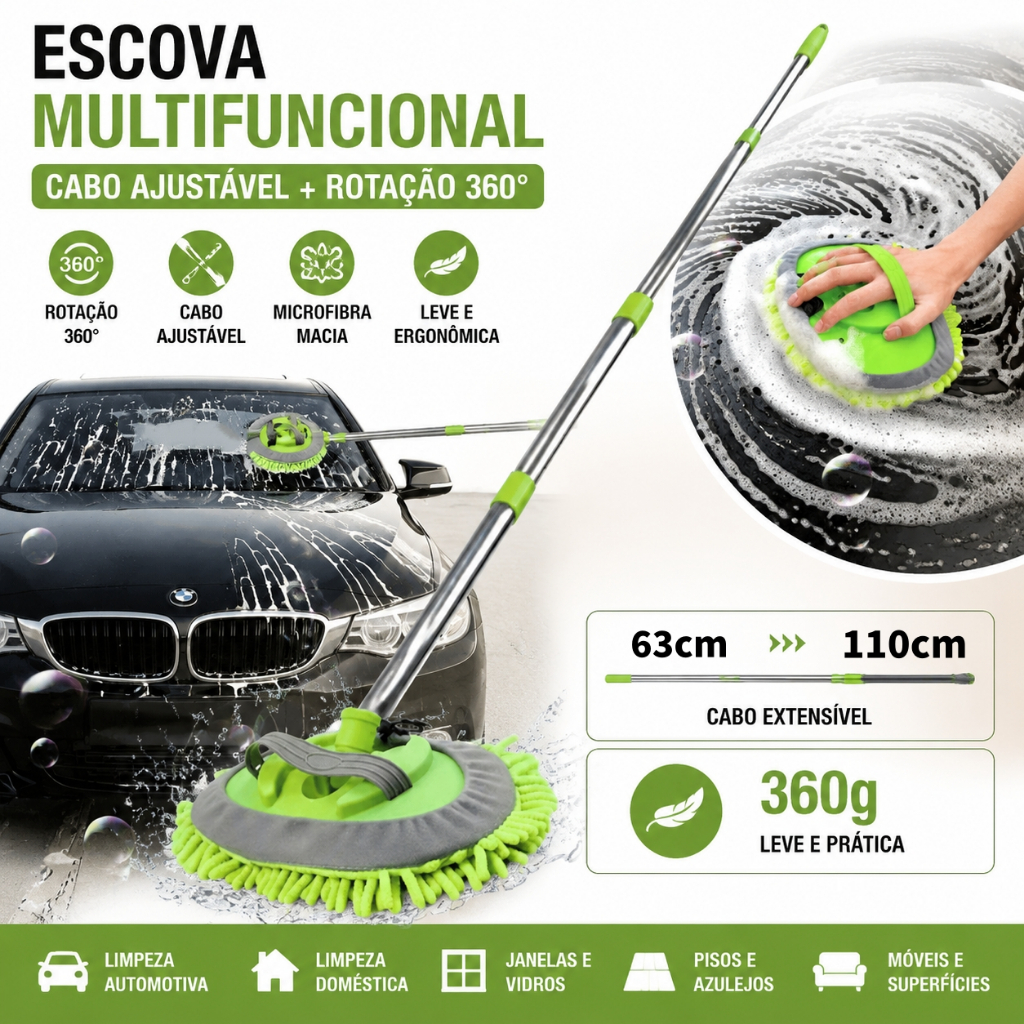 Esfregão para Lavagem de Carro Microfibra Cabo Telescópico Ajustável Escova de Limpeza Automotiva