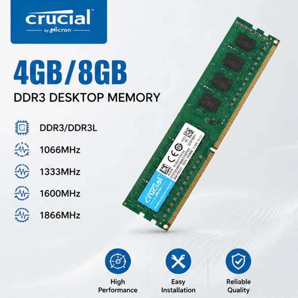 Memória DDR3 Crucial 4GB 8GB PC RAM 1.35V 1.5V 1333mhz 1600mhz 1866mhz DIMM PC3-12800