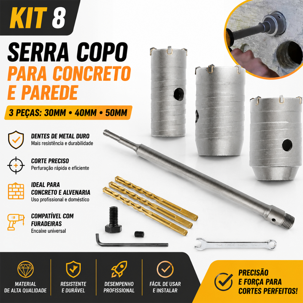 Kit 8 Serra Copo Fura Parede Concreto Laje Brocas