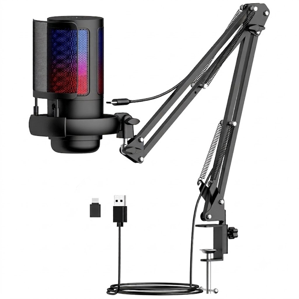 Microfone Condensador Gamer USB RGB Com Braço Articulado Pedestal De Mesa Profissional Para PC Celular Live Estúdio