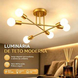 Lustre Moderno Lâmpada De Teto Semi-Embutida Iluminação De Ouro Antiga Nórdica