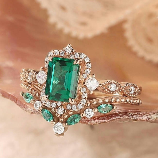 Fedsolife Anel de noivado de diamante feminino moda retangular anel de diamante verde