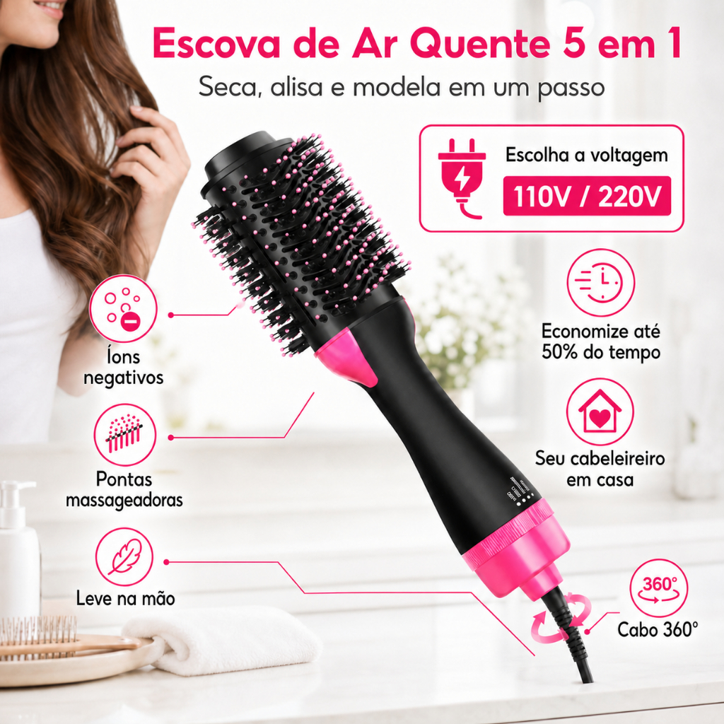 110V/220V Escova Secadora Modeladora 5 em 1 Alisa Seca e Modela Cabelo Anti Frizz profissional 1000W