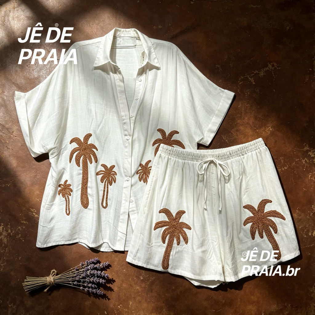 Conjunto Camisa Short Feminino Bordado Palmeira Soltinho Manga Curta Casual Elegante Praia Verão Look Chic Biquíni Saída