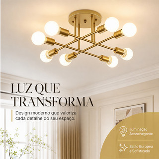 Pendente Lustre Golden Assimétrico Laço Soquete E27 8 Pontos De Luz Luminária De Teto Estilo Nórdico Ouro Antigo