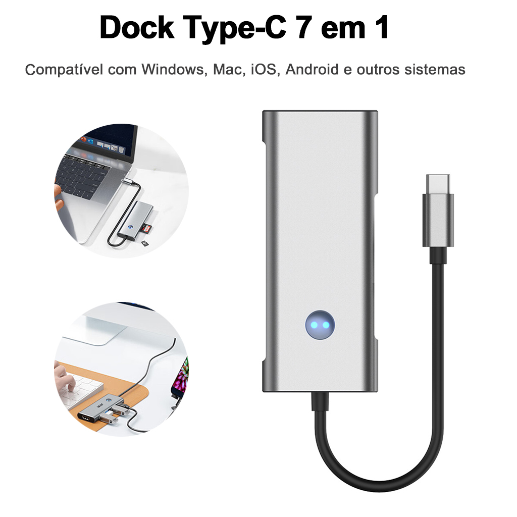 7 em 1 Dock Type-C Gen2, alta velocidade 10Gbps, 4K60Hz, exibição de tela com um toque para desligar