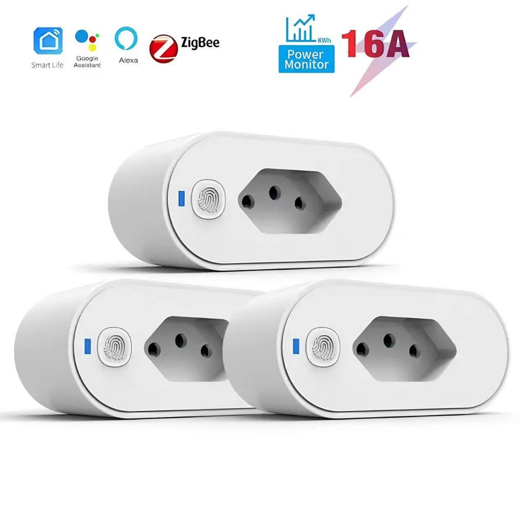 SMART PLUG Adaptador Wi-Fi Tuya, App Smart Life, Alexa/Google Home, 16A, Padrão BR, Kit 1/2/3 un.