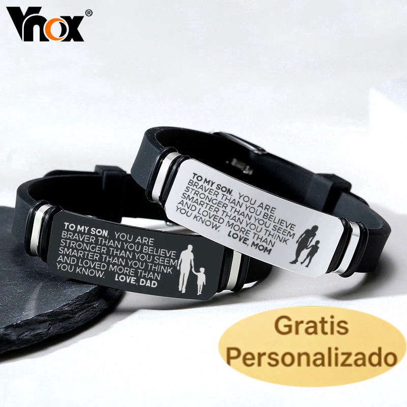 Vnox Pulseira com Identificação Customizada Personalizada com Silicone Ajustável Bijuteria Masculina Presente para pai