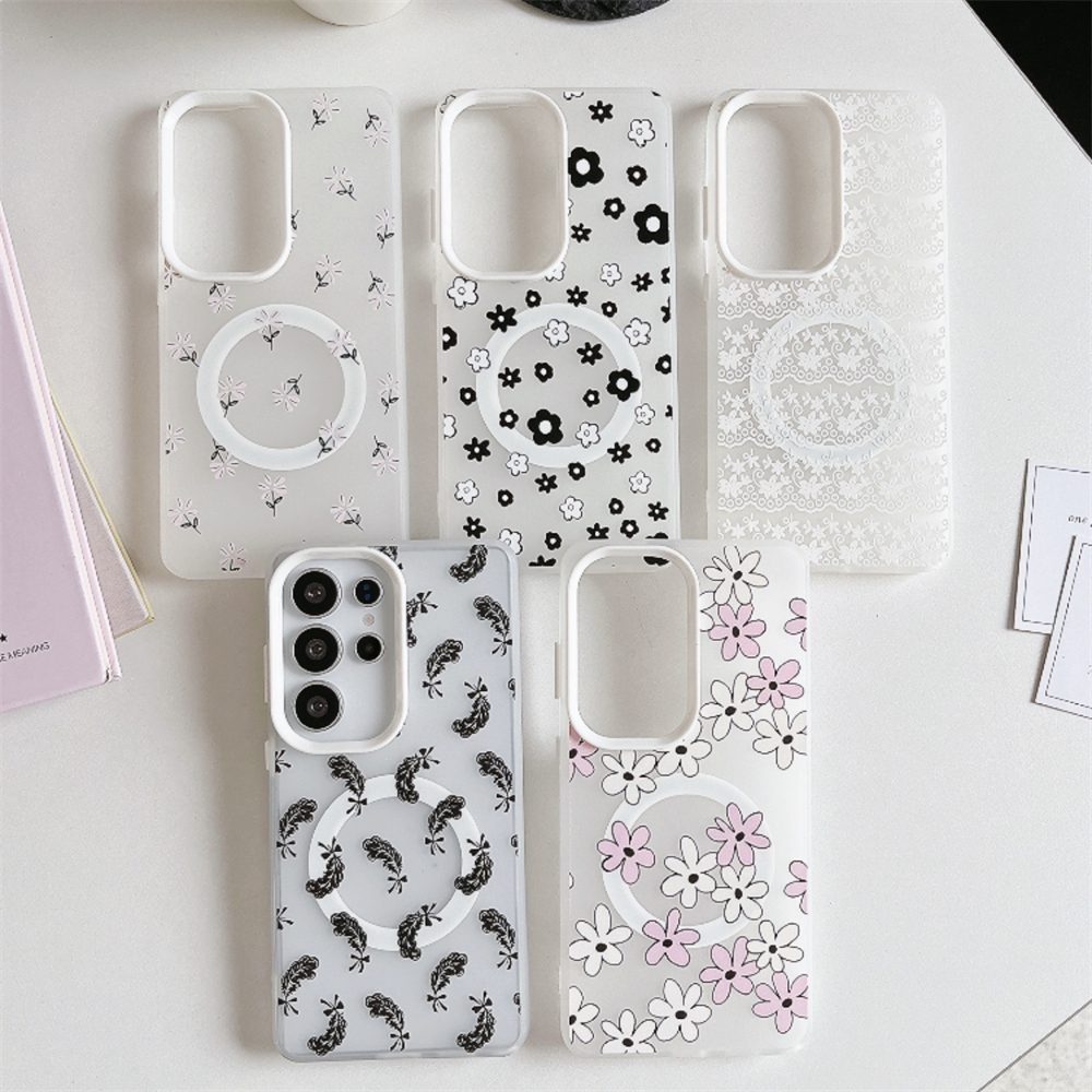 Magnético Sem Fio Para Samsung S26 S25 S24 S23 Ultra Plus Pequenas Flores Adesivo A57 A37 A17 A07 A56 A55 Caso À Prova D