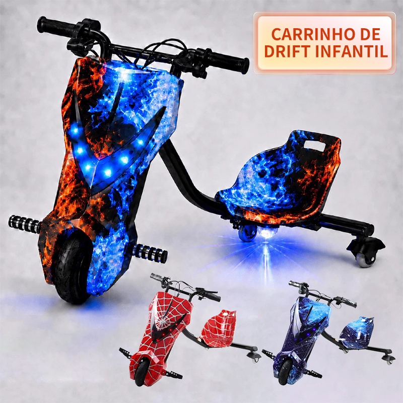 Triciclo drift elétrico 350W 8 polegadas, 3 velocidades, bluetooth e led para adulto e criança