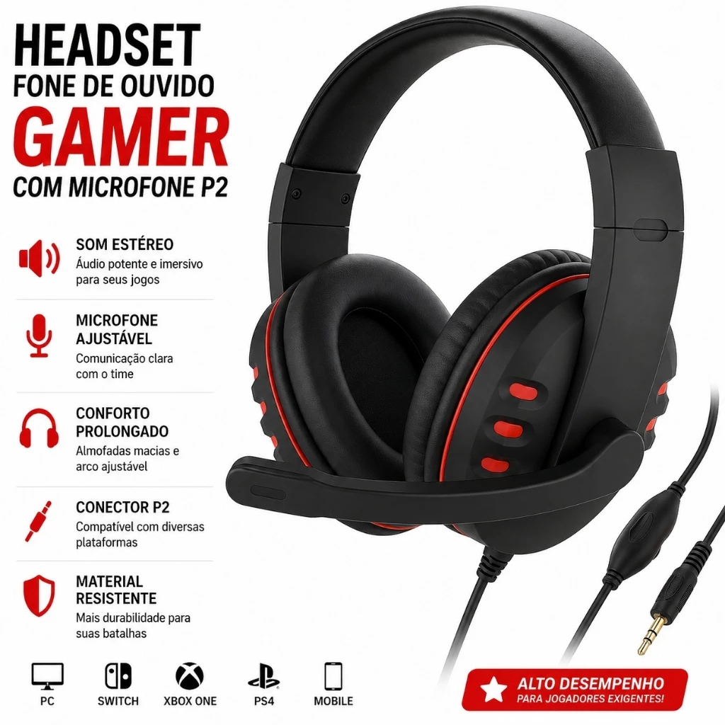 Fone De Ouvido Gamer Com Microfone P2 Para PC , Computador , Videogame , Celular