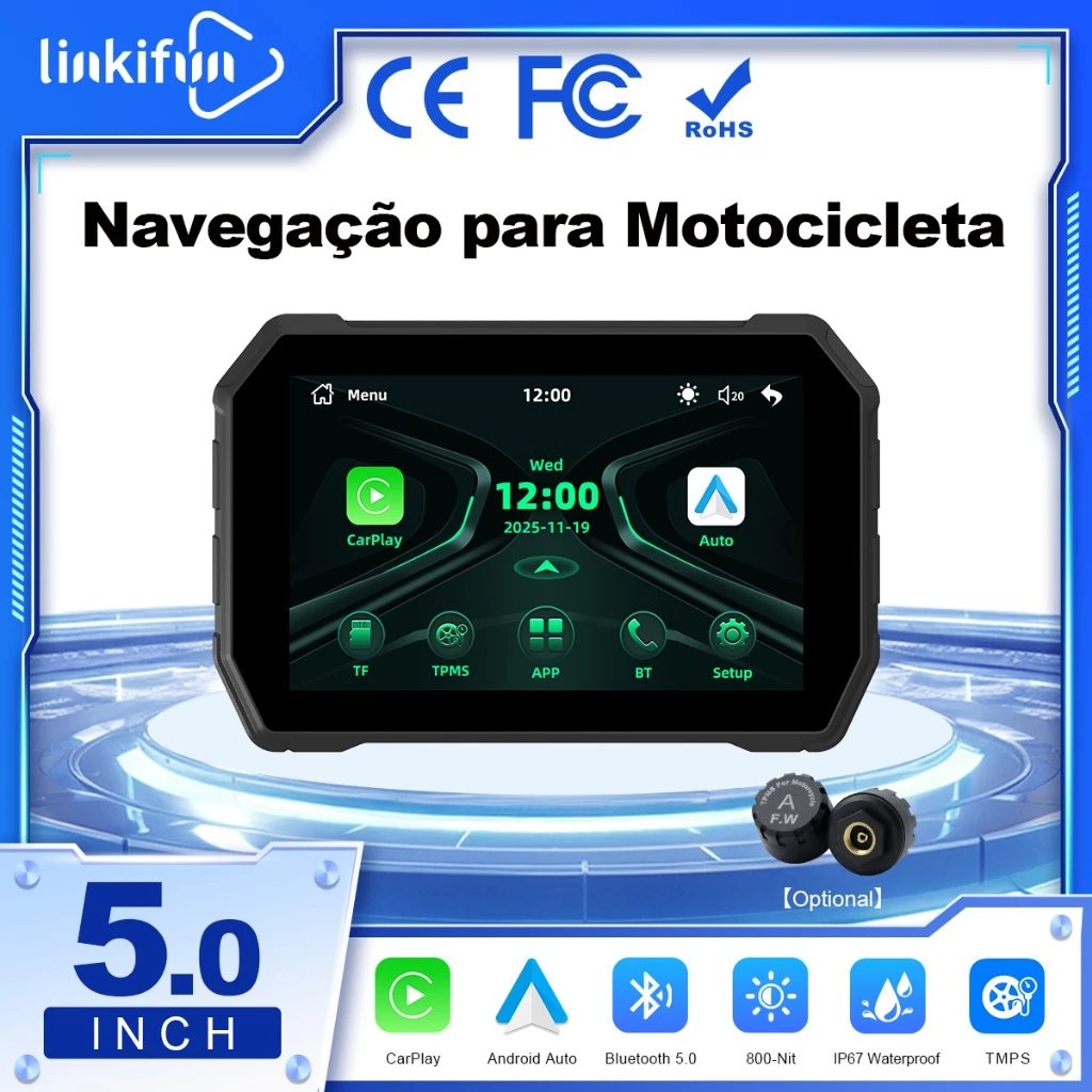 Linkifun MT2B Tela 5" para Moto, CarPlay/Android Auto Sem Fio, Espelhamento, Bluetooth 5.0, IP67 e TPMS Opcional