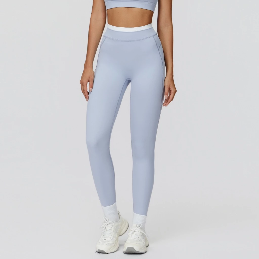 Mulheres Contraste Branco Cintura Yoga Leggings , V Volta Contorno Costura Bunda Levantamento Calças De Treino De Alta P — imagem 1
