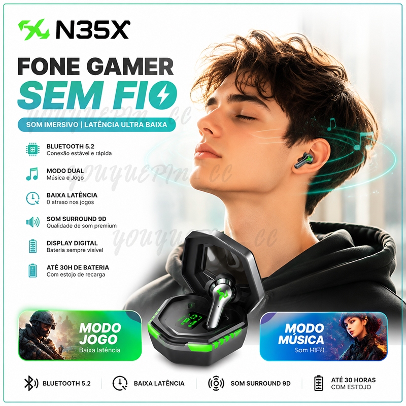 N35X TWS Fones De Ouvido Sem Fio Bluetooth 5.2 Gamer Dual Mode Comutável 8D Música Estéreo Jogo Com Microfone