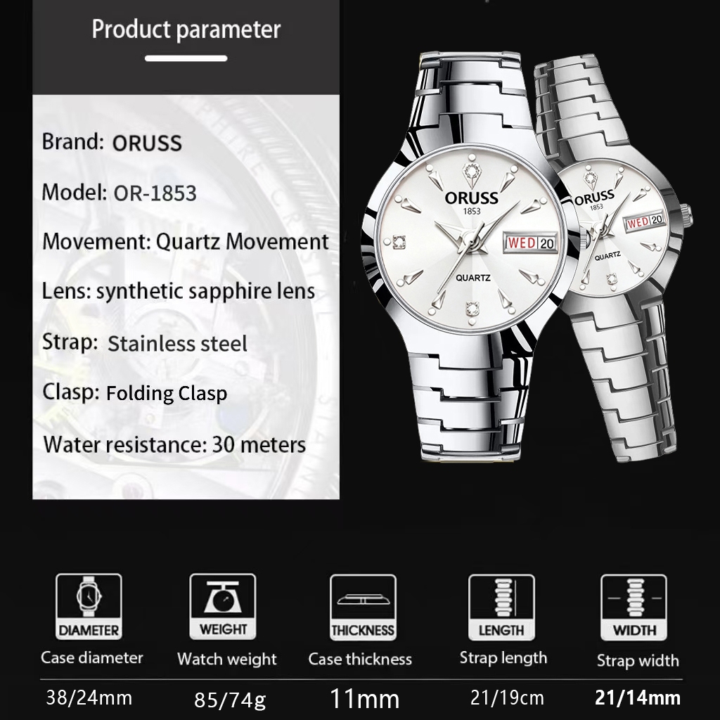 ORUSS Casal Original Marca de Luxo Aço Inoxidável Calendário Duplo Luminoso Relógio À Prova D 'Água Moda Versão Coreana · foto 2