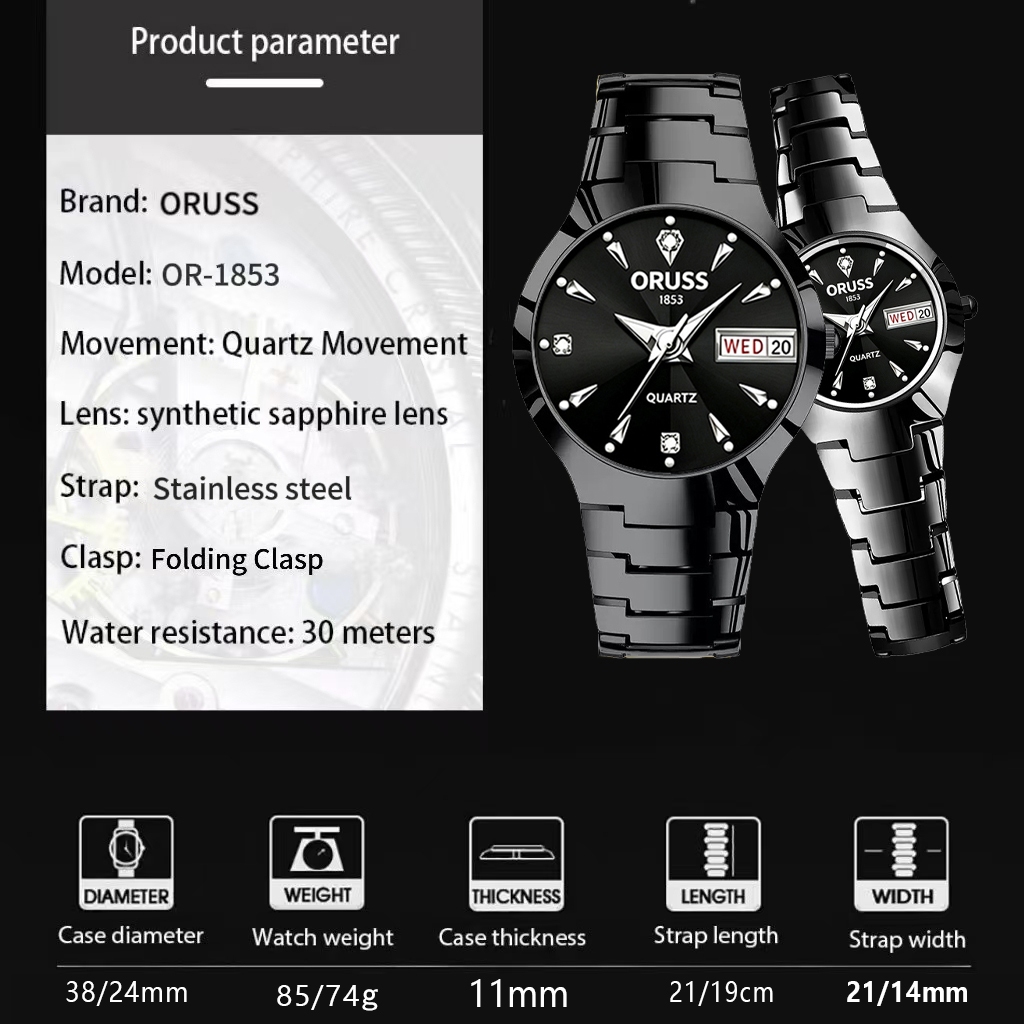 ORUSS Casal Original de Aço Inoxidável Luminoso Calendário Duplo Luxo Relógio de Moda À Prova D 'Água Versão Coreana Rel · foto 2