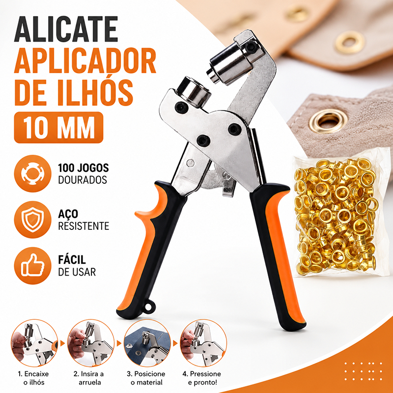 Alicate Aplicador de Ilhós 10mm com 100 Jogos Dourados para Lona Couro e Tecido