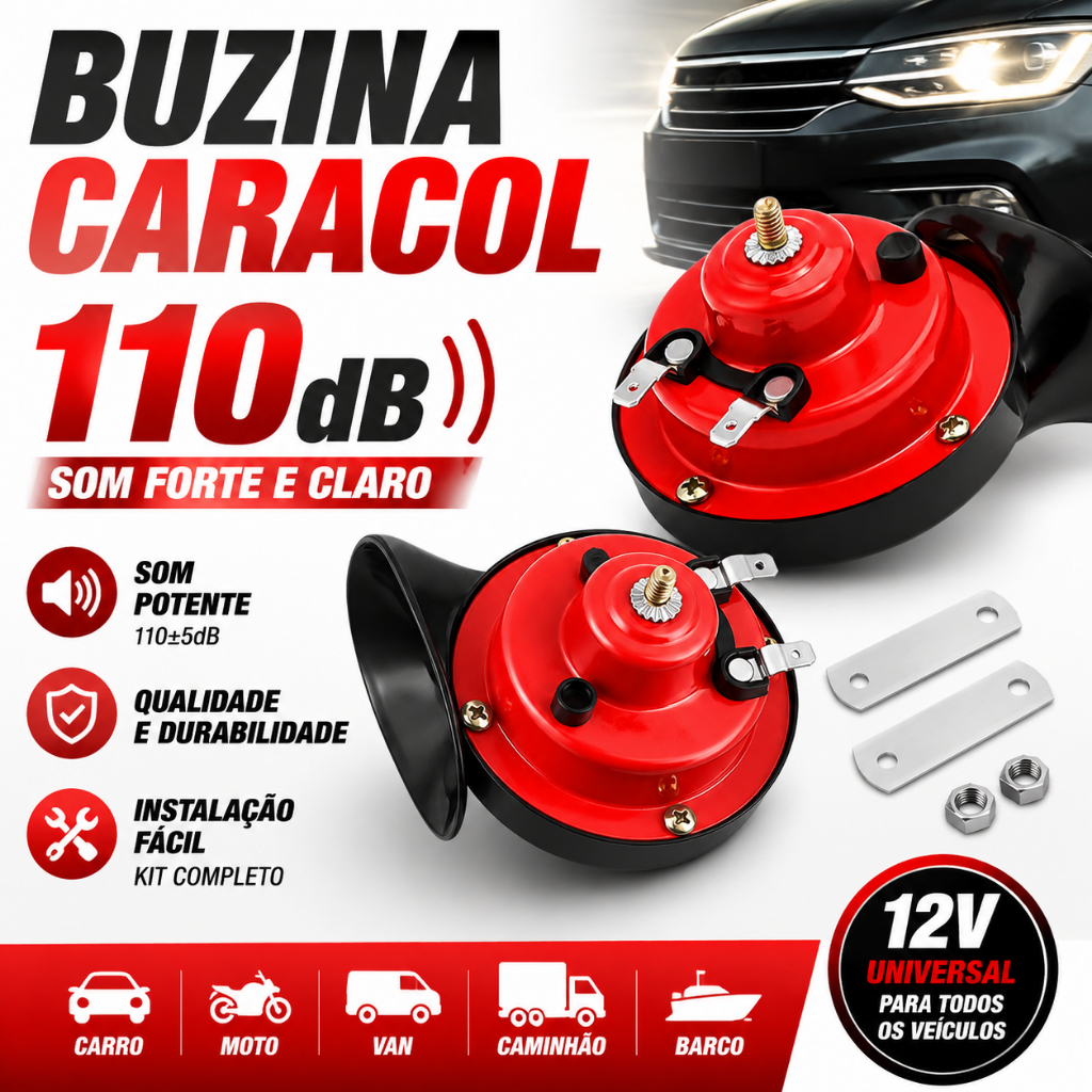 Par de Buzinas Caracol 12V Universal Vermelha para Carro, Moto e Caminhão – 110dB