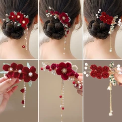 Novo chinês Retro elegante moda flor vermelha grampo de cabelo pérola borla temperamento acessórios para o cabelo