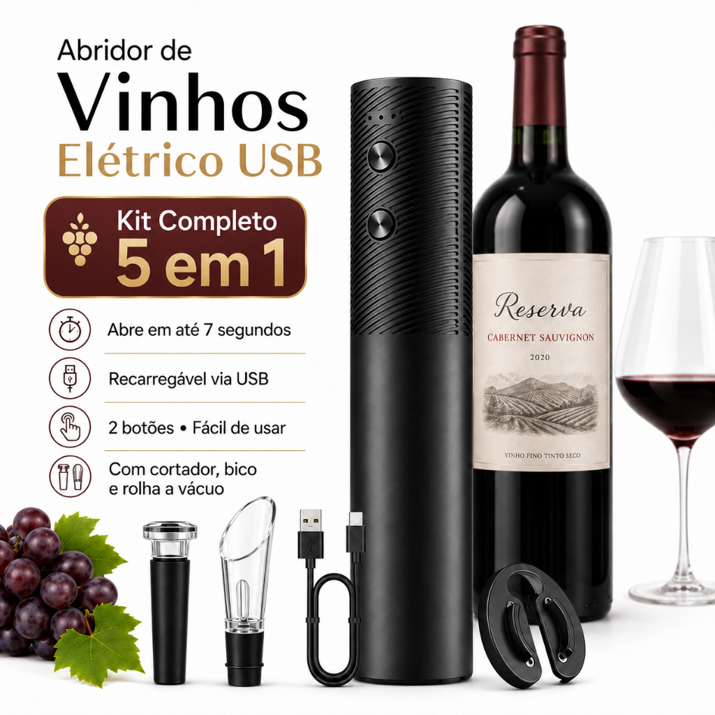 Saca Rolha Abridor De Vinho Elétrico Recarregável Automático Kit 4 Peças Carregamento por usb