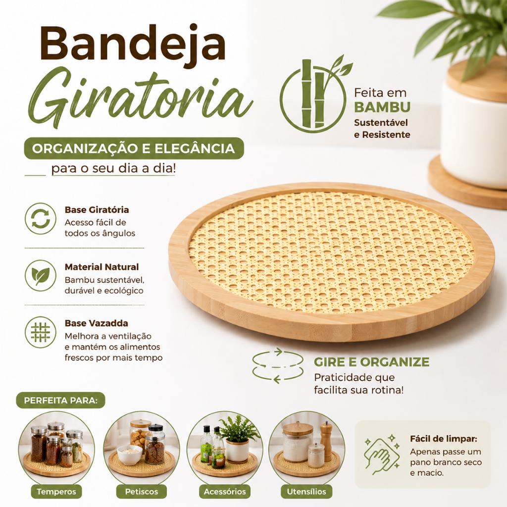 Bandeja Giratória de Bambu 30cm Redonda Estilo Japonês para Mesa