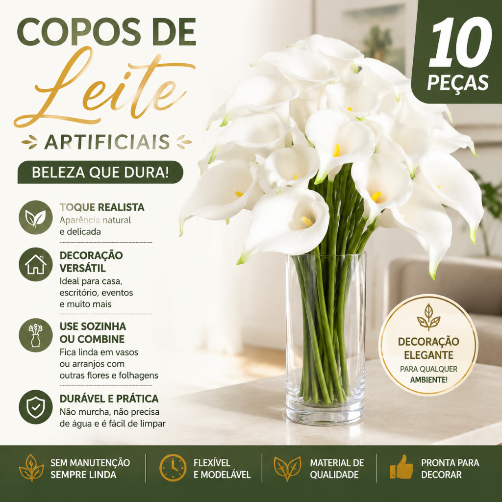 Kit 10 Flores Copo de Leite Artificial Toque Real Decoração
