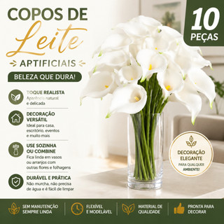 Kit 10 Flores Copo de Leite Artificial Toque Real Decoração
