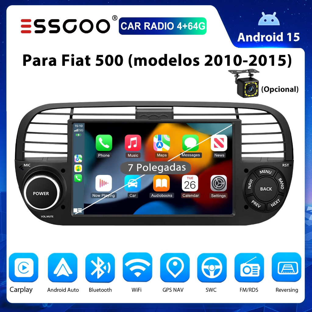 ESSGOO 7 Polegadas Para Fiat 500 (Modelos 2010-2015) Android Player 4 + 64GB Tela IPS Carplay Unidade Principal Estéreo