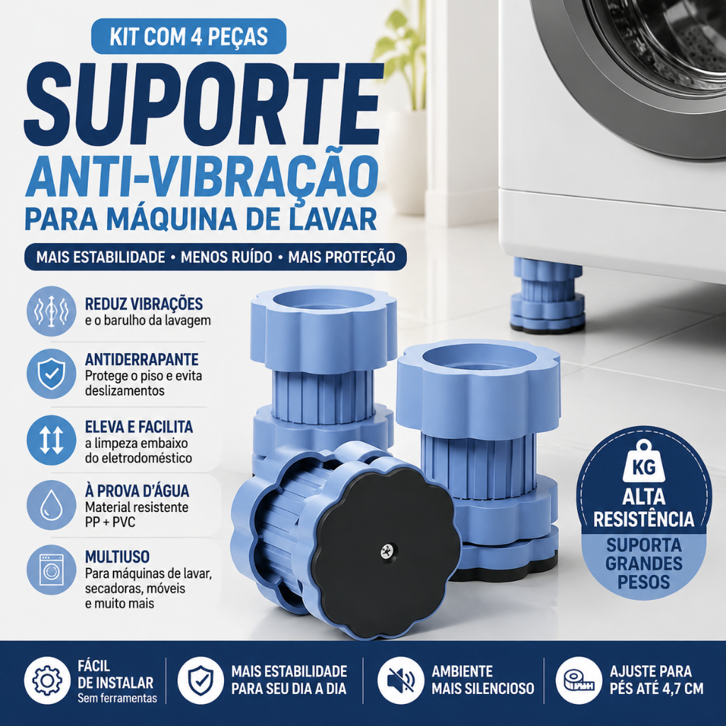 Kit 4 Pés Antivibração Antiderrapante para Máquina de Lavar e Geladeira