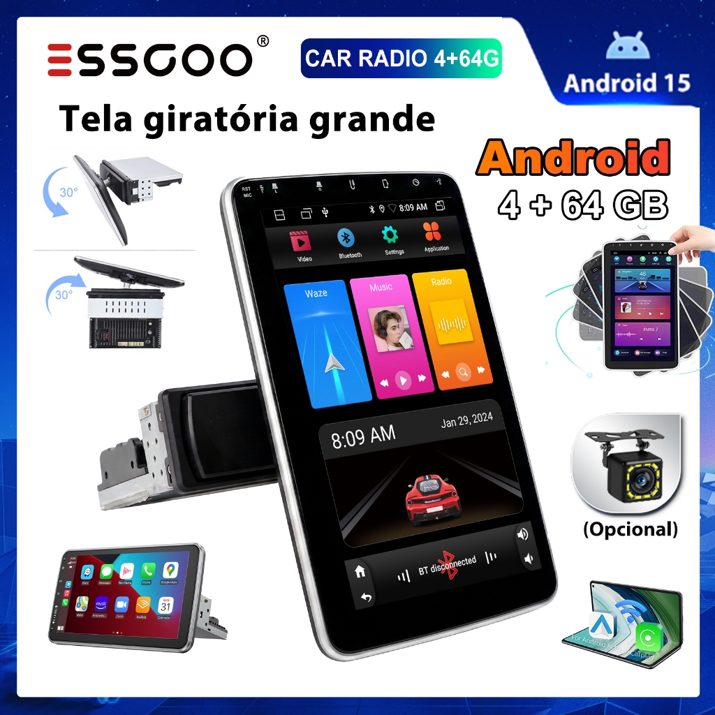 ESSGOO 4 + 64 Gb CarPlay E Android Auto 1 DIN Multimídia MP5 Car Player 360 Giratório 10.1 Polegadas 2.5D IPS Tela Mirro