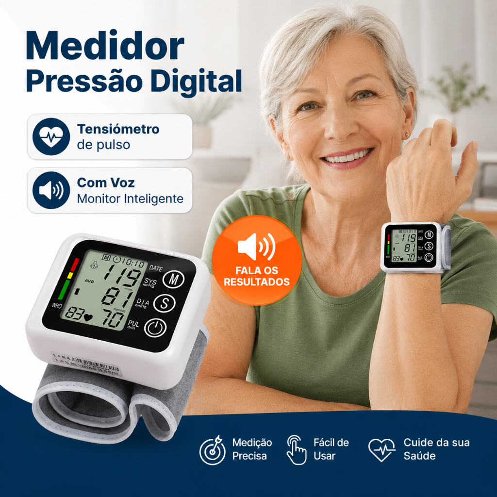 Medidor Pressão Digital De Pulso Com Voz Monitor Inteligente