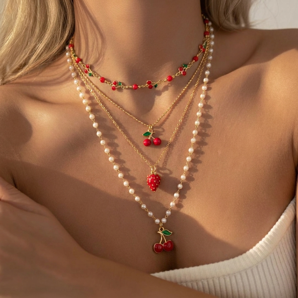 Colar Multicamadas Em Tom Dourado , Pérola , Cereja , Morango , Laço , Esmalte , Pingente , Frutas , Gargantilha Com Con