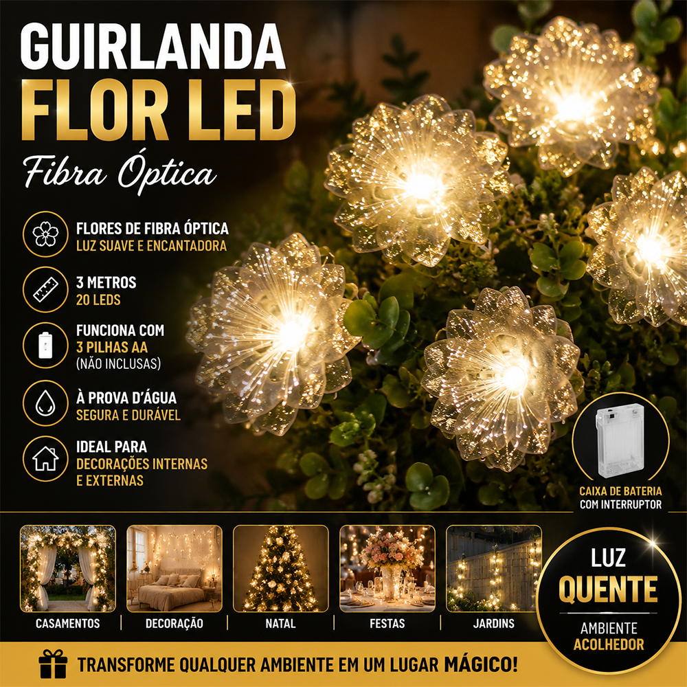 Luzes de Fadas Flores Fibra Óptica 3m 20 LEDs a Bateria