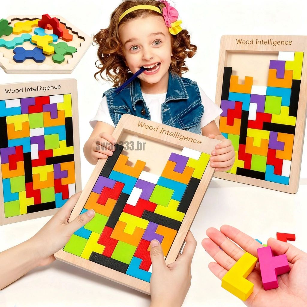 Brinquedo Montessori Tabuleiro Tetris Quebra cabeça 3D Tangram de madeira Mdf jogos educativos pedagógicos