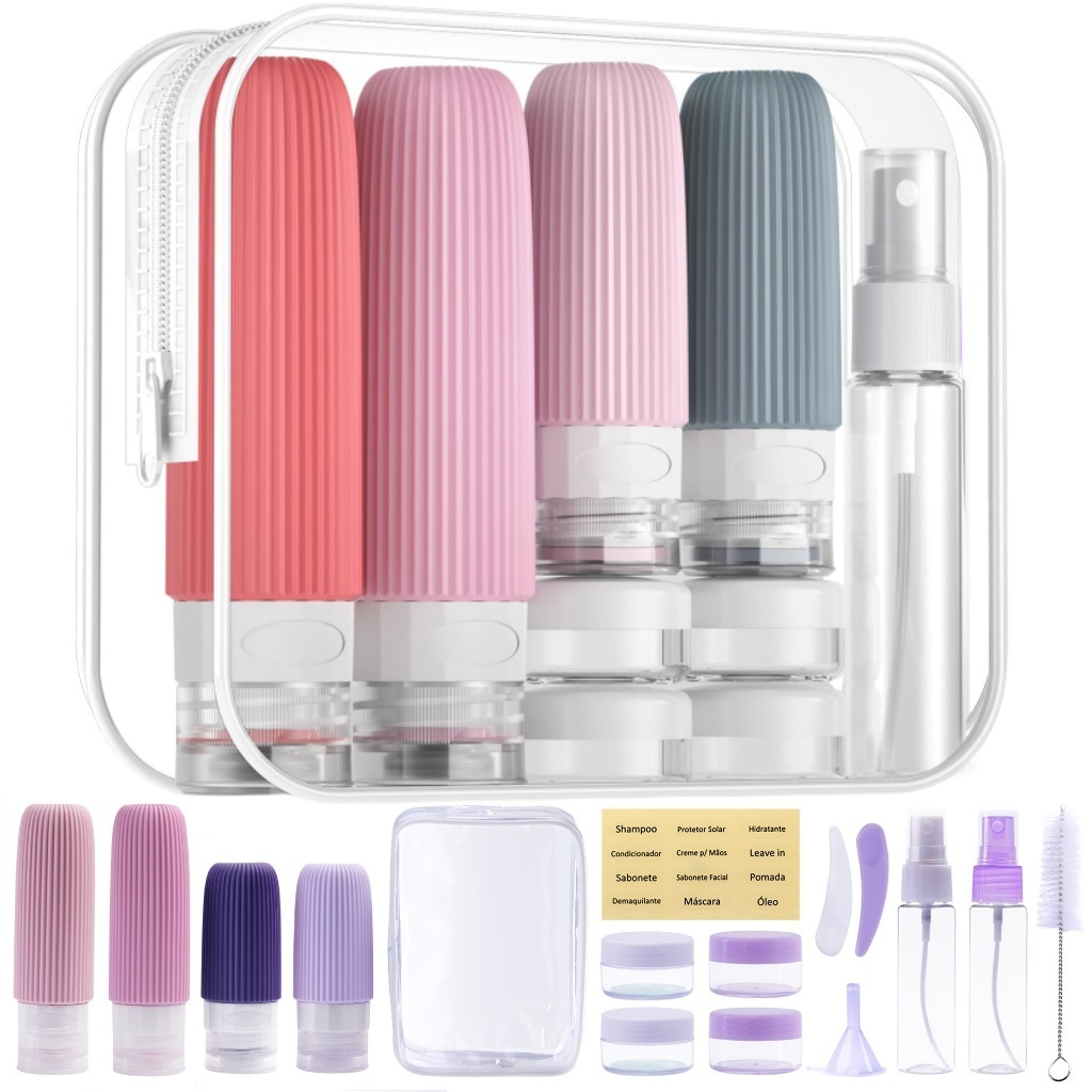 Kit Potes Frascos Silicone Viagem Creme Shampoo Condicionador Cosméticos 16 Peças
